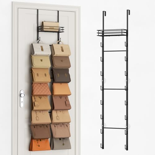 SWTYMIKI Over Door Handbag Organiser - 16 Hooks & Metal Basket Hanging Storage, Over Door Storage Handbag Storage & Bag Hanger,Bag Stand Holds 16 Bags, Split into 1/2 Part for Closet, Black