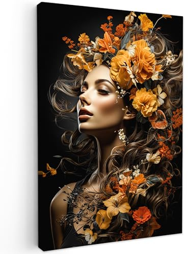 MuchoWow© Bilder Groß XXL Wohnzimmer Deko Modern Wandbild Kunstdruck | 80x120 cm - Leinwand Bild Schlafzimmer über Bett Room Decor Geschenke Frau - Porträt - Blumen - Farbenfroh