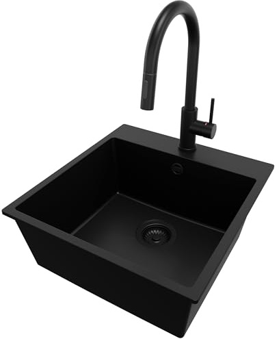 PRIMAGRAN Fregadero Granito al Mueble 50cm + Grifo, 48x50cm | Set: Grifo BW9010 + Kit de desagüe (sifón, válvula, rebosadero) + Riga 1 Seno para Cocina, Todo Negro