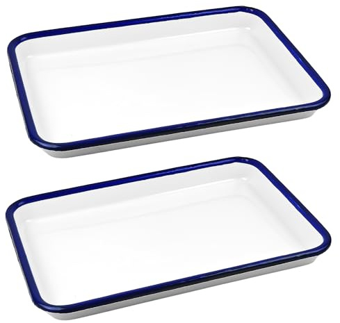 YKUKIZEE 2 PCS Oblong Enamel Bake Pan 38x28 CM, Rectangular Roasting Tin Serving Dish, White Enamel Pie Dish for Oven Stove