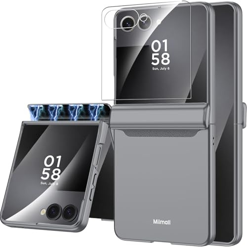 Miimall for Samsung Galaxy Z Flip 7 Case with Screen Protector & Magnetic Hinge Protection, Hard PC Slim Thin Shockproof Anti-Scratch Full Body Protective Cover Phone Case for Samsung Flip 7-Grey