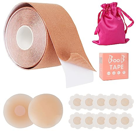 Cinta Adhesiva Pecho 5m, Sujetadores Adhesivos para Mujer Push Up, Pezoneras Adhesivas Invisibles y Reutilizables, para Sujetadores sin Espalda, Cinta Adhesiva para el Pecho en Tallas de Copa A-E