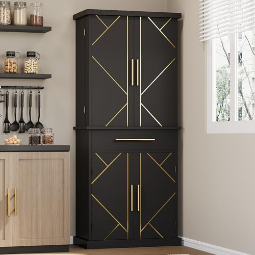 YITAHOME Kitchen Pantry Cabinet, 72 Tall Wood Storage Cabinet with 4 Doors and 3 Shelves 1 Drawer 6 Side Rack Freestanding Modern Carved Cupboard for Dining Room Living Room Furniture, Black