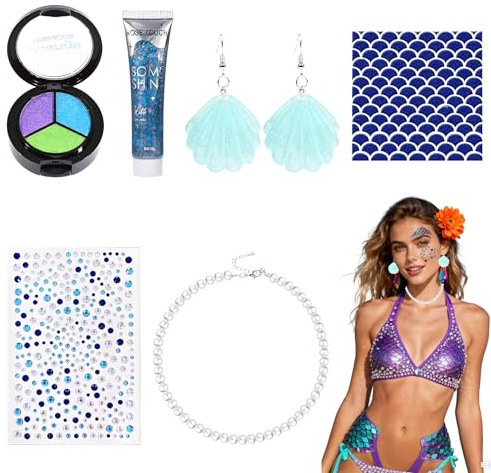 6 Stück Meerjungfrau Schminke Set, Mit Strassaufkleber, Lidschatten, Schablone, Lidschatten Glitzer, Perlenkette, Ohrringe, Meerjungfrau Kostüm Damen, Kostüm Meerjungfrau Damen für Karneval Halloween