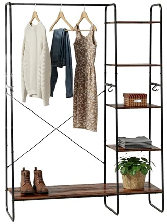Relaxdays Industriell klädhängare med 6 hyllor, krokar, klädskena, 160 x 120 x 45 cm, svart/brun