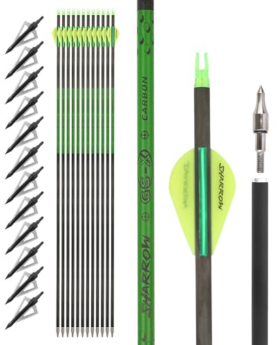 surwolf 32,5 Flèche de tir à l'arc en Carbone Pur,flèches de Chasse,Spine 300/400/500/600/700/800 avec Pointes Amovibles,pour Arc à poulies, Arc Classique et Arc Long 12pcs (Jaune Set, 600)
