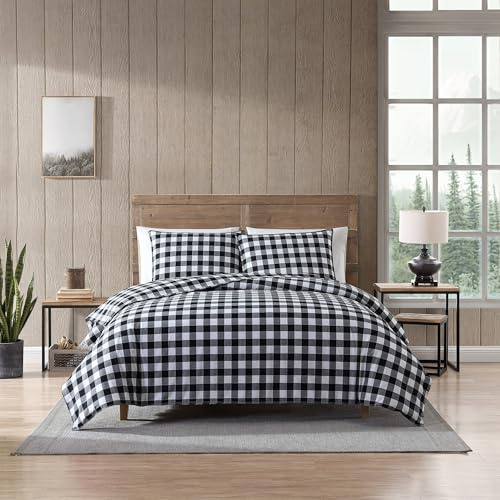 Eddie Bauer - Twin Duvet Cover Set, Reversible Flannel Bedding Set with Matching Sham, Medium-Weight, Dorm Essentials (Black Check)