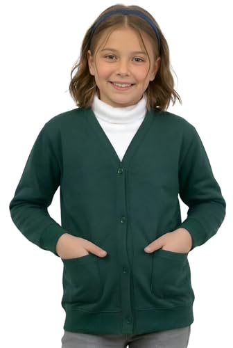 GW CLASSY OUTFIT Girls Boys Kids Jumper Button Fleece Cardigans Long Sleeve Sweatshirts Pull Over Jumpers Round/V- Neck School Uniform (13-14 Years, Button Bottle Green)