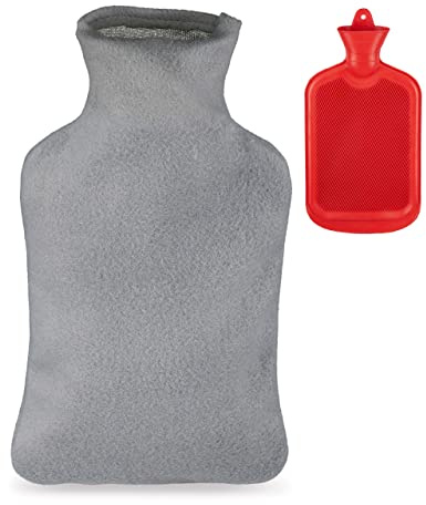 Relaxdays Wärmflasche mit Bezug, Flauschige Kuschelwärmeflasche, 2 L Bettflasche, geruchsneutraler Naturgummi, grau/rot