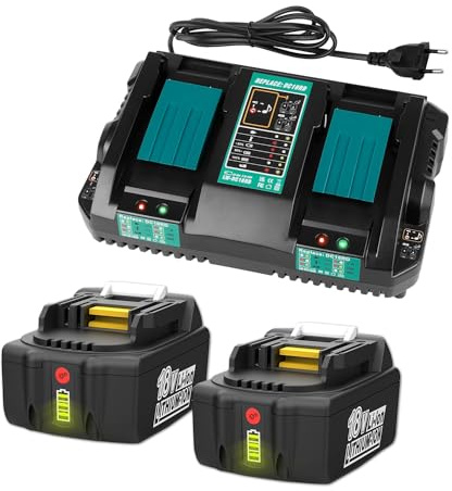 PaillYue Akku Ersatz für Makita Akku 18V 5Ah 2 Stück BL1850B mit Ladegerät 18V Doppelladegerät DC18RD DC18SF Kompatibel mit Rasenmäher DLM432Z 2 x 18v DUC353 DUC355Z DDF485Z