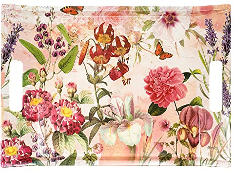 Lashuma Plateau de service rectangulaire en mélamine beige et rouge avec motif floral, 38 x 27 cm, léger et brillant, 464 g