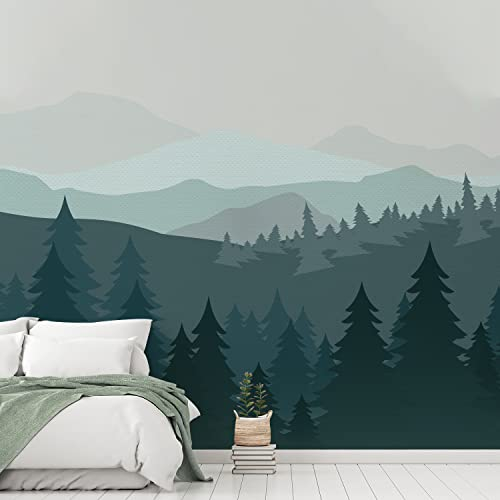 Selbstklebende Stofftapete, zum Aufkleben auf Wandaufkleber, selbstklebende Rückseite, für Wohnzimmer, Schlafzimmer, Kinderzimmer, Büro, Abziehen und Aufkleben, wasserdichte Tapete, grüner Wald Berg