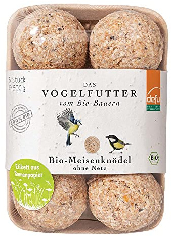 defu Wildvögel | Bio Meisenknödel ohne Netz | Ganzjähriges Wildvogelfutter für Weich- und Körnerfresser | 6 Stück (600g)