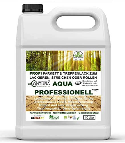 Contura 10 Liter Parkettlack Grundierung und Parkettsiegel XL Aqua Professionell Treppenlack 2in1 Holzlack Geruchsneutral 100% Vegan (Glänzend Farblos)