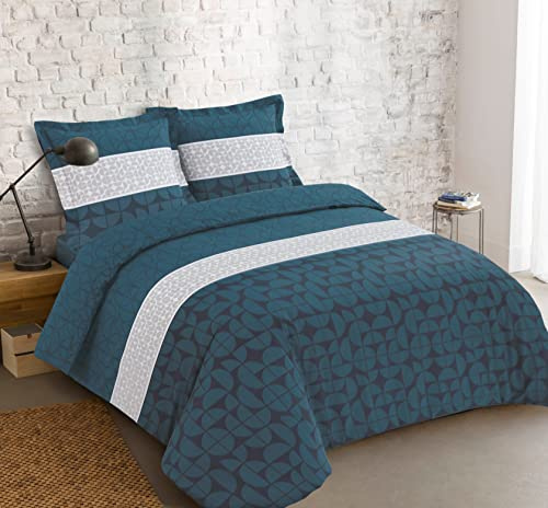 Vision - Parure de lit Basile - 100% Coton - Bleu - Set de Housse de Couette 240 x 220cm avec 2 taies d'oreiller pour lit Standard 2 Personnes - Fibres Naturelles - Oekotex