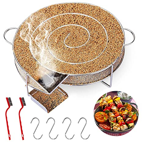 Générateur De Fumée Froide Pour Fumoir Serpentin En Acier Inoxydable Avec 2 Brosse, 5 Crochets à Viande Pour Griller Bacon Poisson Saumon(Rond)