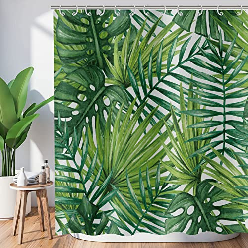 Hnmdmyi Duschvorhang Tropischer Blätter 180x220, Grüne Palmenblätter Duschvorhänge Dschungel Pflanze Botanisch Badewanne Vorhang Wasserdicht Polyester Stoff Waschbar Badevorhang mit Haken