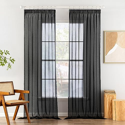 MIULEE Gardinen mit Kräuselband, Schwarz Transparent, 2er Set 140 x 225 cm | Farbiger Transparenter Voile Vorhang mit Kräuselband, Ideal für Wohnzimmer, Schlafzimmer, Modernes Wohnaccessoire