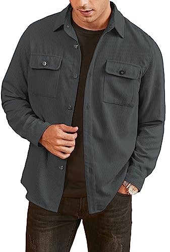 Elegancity Uomo Camicia in Velluto a Coste a Manica Lunga Casual Camicia Uomo Giacca Regular Fit Button Up Camicia Giacca con Tasca con Patta Grigio，L
