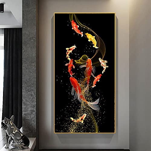 Gyllene Koi Fisk Feng Shui Karp Bilder Canvastavla Väggkonst För Vardagsrum Modernt Galleri Interiör Heminredning 55x110cm Ramlös