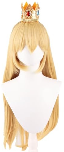 COSPLAZA 70cm Blonde Pfirsich Prinzessin Peach Kunsthaar Cosplay Perücke mit Krone Lange Wellige Kostümperücke Set für Halloween Party