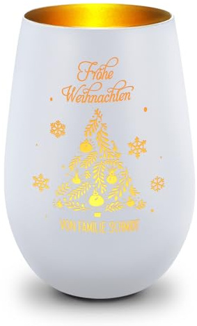 GRAVURZEILE Deko Windlicht aus Glas mit Gravur - Frohe Weihnachten - Personalisiert mit Namen - Geschenke für Frauen und Männer - Personalisiertes Geschenk für Sie & Ihn - Weiß/Gold