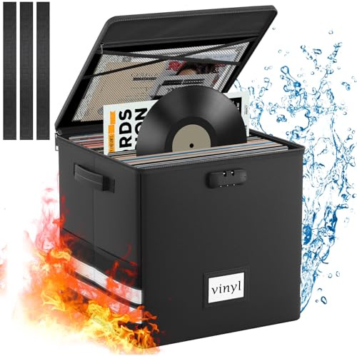 onvvippiv Boîte de rangement pour disques vinyle avec serrure, ignifuge, imperméable et résistante pour plus de 100 disques de 30,5 cm, boîte de rangement pliable avec poignées pour collection