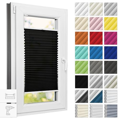 Estika Plissee mit Bohren 65 cm x 200 cm - Schwarz - Rollos für Fenster, Jalousien Fenster für innen, Raffrollo, Fenster plissee