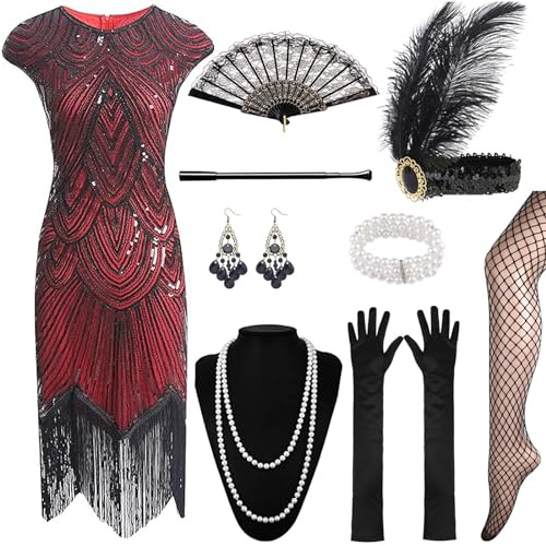XCMVCN 12 stycken 1920-tals Charleston klänning år paljetter pärlor fransar Gatsby, klänning med 20-talet tillbehör, cocktailklänning, karnevaldräkt (svart + guld, XL)