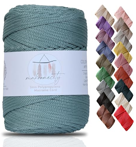 Makromecity, premium polyester makramé sladd 3 mm x 130 meter (40 fot) 3 mm polypropen crepe grön makramé sladd virkad makramé väska sladd hantverk för vägghängningar, väskor, underplatta, matta