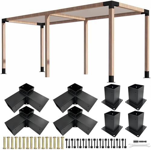 ITeVe.GD Kit di staffe per pergola a 3 vie, angolo retto a 3 vie e base in cemento, kit fai da te per legname da 4 x 4 (attuale: 8,9 x 8,9 cm) per pergole esterne, gazebo, capanne di tronchi con