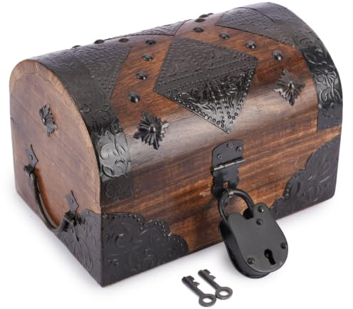 Ajuny Handgjord trä pirat skattkista smyckeskrin mångsidig vintage snäcka remsor minnessak prydnadssak förvaring fodral hållare halsband örhänge organiserare gåva, 25 x 15 cm