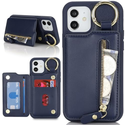 Zouzt Case for iPhone 11 6.1 Inch, Wallet Case with Credit Card Holder Slot, Premium PU Leather Key Ring Zipper Shockproof Protective Phone Cover for Men Women - Blue