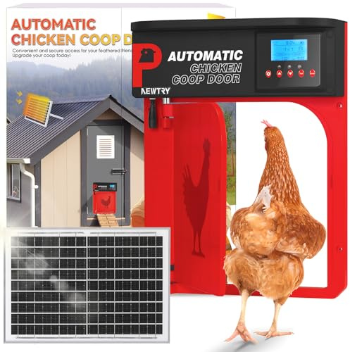NEWTRY Automatische Hühnerklappe– Innovatives seitliches Öffnungsdesign, Timer & Lichtsensor-Steuerung, Solare/Batterie/AC-Dreifach-Stromversorgung mit 40m Funkreichweite, Anti-Klemm IP45-Rot