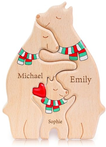 Easycosy Personalised Wooden Bear Puzzle with 2-7 Family Name Birthday Gifts for Family, Dad, Mum, Grandad Grandma, Wooden Sculpture Decor House Warming Gifts Ideas
