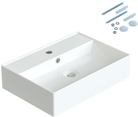 YAKE Aufsatzbecken Keramik Aufsatzwaschbecken 50x 35x 12,5cm rechteckig Bad Waschplatz Waschbecken Handwaschbecken klein Gäste wc weiß Design mit Wasserhahnloch und Überlauf