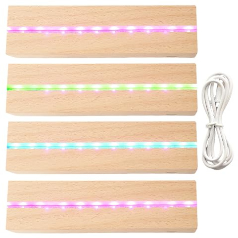 WIYETY 4 Stück LED Lichter Display Basis: Bunt Rechteckig Holzbeleuchtung Basis Stand, USB Desktop LED Leuchten Sockel für 5mm Dicke Acryl Platte Glas Platte Harz Kunst(30x45x150mm)
