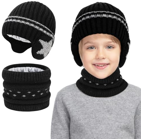 TAGVO Vintermössa halsvärmare för barn, varm fleece halsvärmare hatt, hatt med varma öronskydd, halsduk stickad mössa presenter för 2 och 6 år flickor pojkar, Svart, one size