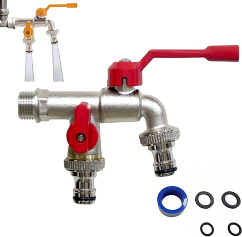 HSTWODE 1 Stück Wasserhahn Garten Doppel Auslaufhahn 1/2 Zoll & 3/4 Zoll Kugelhahn Doppelwasserhahn aus Messing mit 4 * Gratis Schlauchanschlüsse1*Rollendichtband (Rot)