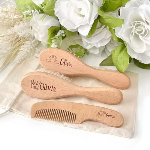 Personalisiertes Baby-Haarbürsten-Set Aus Holz, Haarkämme Mit Individueller Gravur, Babyparty-Taufe, DIY-Haarbürste (3Stück)