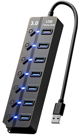 7-Port USB 3.0 Hub with Individual Switches & Lights, 30cm Cable | Multi USB Port Hub, Portable 7 Ports Splitter Adapter, High-Speed Data Hubs Extension for Pc, Laptop, Flash Drives, Printer
