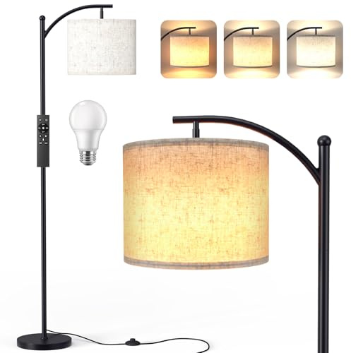 YICAIZI Floor Lamp for Living Room, 63 Modern Arc Dimmable Standing Lamp with Remote Control and Stepless Dimmable Colors Temperature & Brightness, Beige Linen Lampshade & Foot Switch (Beige)