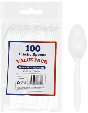 PARTY2U ® 100 Pack White Reusable & Washable Plastic Spoons, Heavy Duty, Cutlery Tablespoon and Business comercial Tableware and Dinnerware