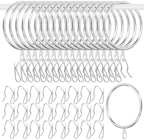 Glarks 30 set di anelli per tende in metallo argentato da 42 mm/1,7 pollici, set di anelli per tende, include 30 anelli per tende e 30 ganci per tende, anelli scorrevoli per finestre e porte da bagno
