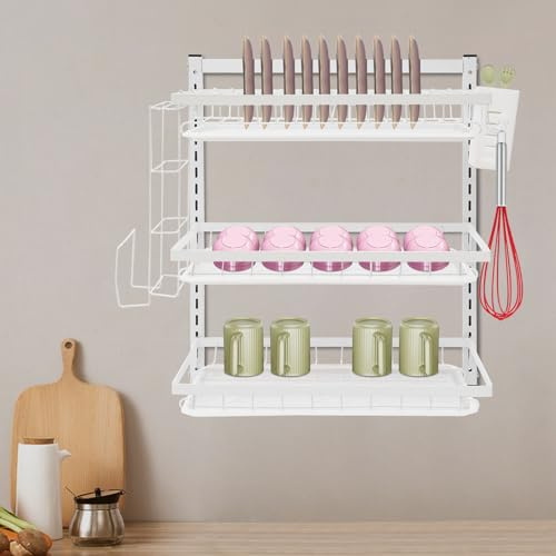 Levkitch Organizer per lavello a 3 ripiani, scolapiatti per la cucina, supporto da parete per stoviglie con porta utensili per la cucina (bianco)