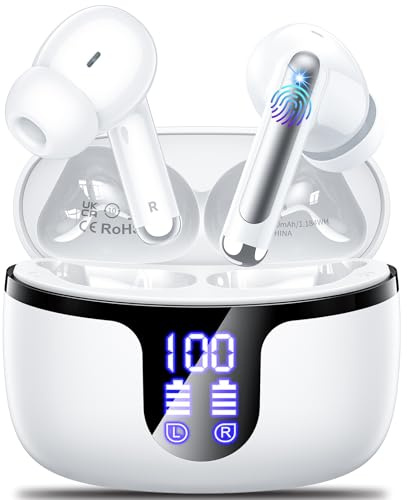 Ecouteurs Bluetooth sans Fil, Monyhigh Écouteur sans Fil 5.4 avec 4 ENC Réduction Antibruit Mic Casque Bluetooth HiFi Son Stéréo 42H Durée Lecture LED Écran IP7 Oreillette Sport pour iOS Android Blanc