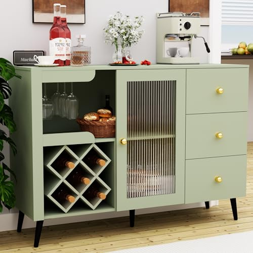 XINMAIZI Bar Cabinet with Frosted Glass Doors, Liquor & Coffee Bar Cabinet with 5 Wine Racks, 2 Stemware Holders, 3 Drawers, Metal Legs, Modern Sideboard for Dining Room, Living Room, Green