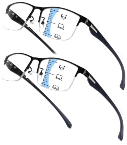 Hubeye Occhiali da lettura mezza montatura in Metallo Ultraleggero Flessibile Occhiali Anti Luce Blu (Nero+Nero, 3.00)