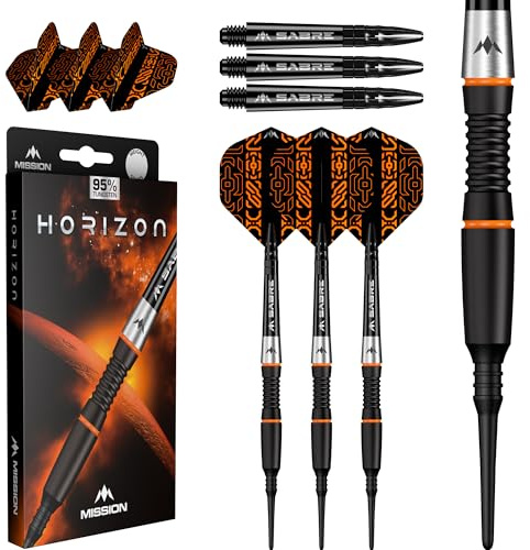 Mission Darts Horizon - Dardos de punta suave, 95% tungsteno, PVD negro y naranja, 18 g