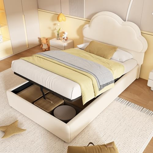 3ft Single Upholstered Ottoman Bed with Storage, Hydraulic Lift Up Storage Bed Frame with Velvet Fabric & Cloud-shaped Headboard, No Box Spring Needed, Youth Beds for Adults Kids Teenagers, Beige